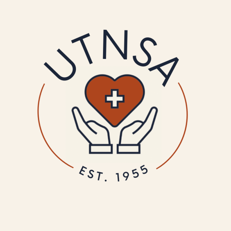 UTNSA Logo. Hands holding red heart with cross in the center, "Established 1955" written below